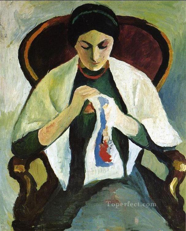 Woman Embroidering in an Armchair Portrait of the Artists Wife August Macke Oil Paintings